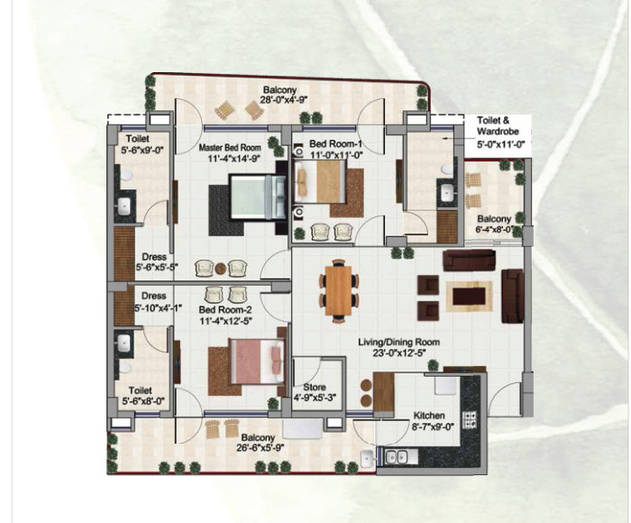 3 BHK apartment floor plan