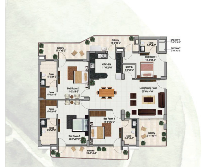 3 BHK plus S apartment floor plan