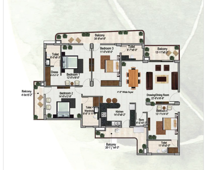 4 BHK apartment floor plan
